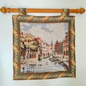 Vintage Canals At Bruges European Tapestry with Wooden Accent Hanging Beam